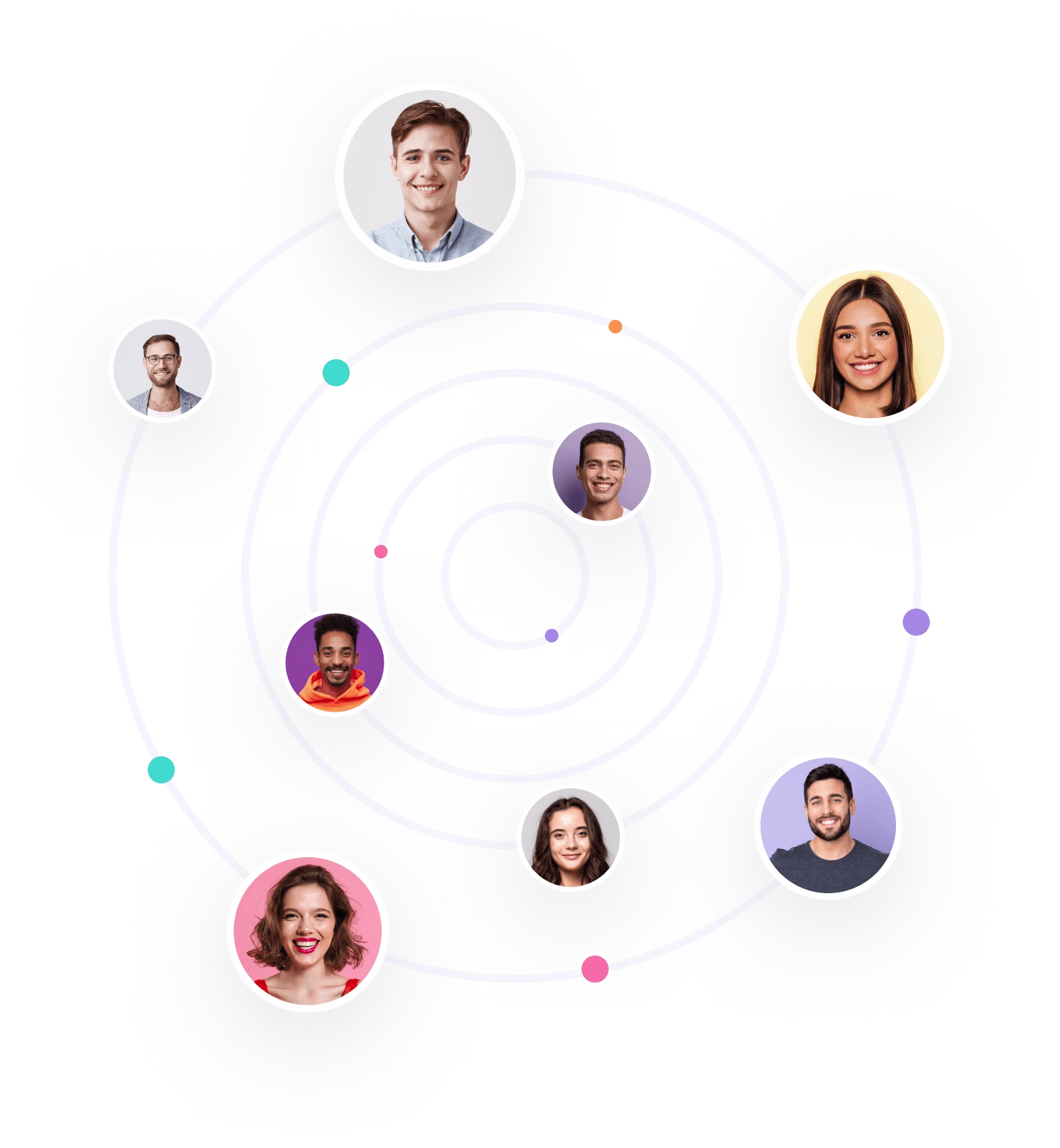 Circular network of diverse smiling people’s profile photos connected by orbit-style lines on a transparent background.