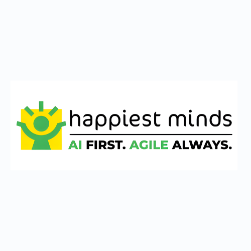 Green and yellow human figure icon beside “happiest minds” wordmark with tagline “The Mindful IT Company” and slogan “Born Digital · Born Agile” on light background, representing Happiest Minds digital transformation and IT services brand identity.